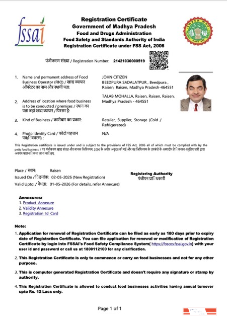 India Madhya Pradesh registration certificate Word and PDF template